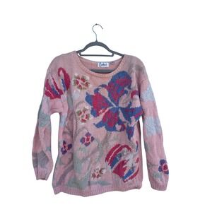 Vintage Carducci‎ Floral Knit Sweater Pink Multicolor Cotton Small